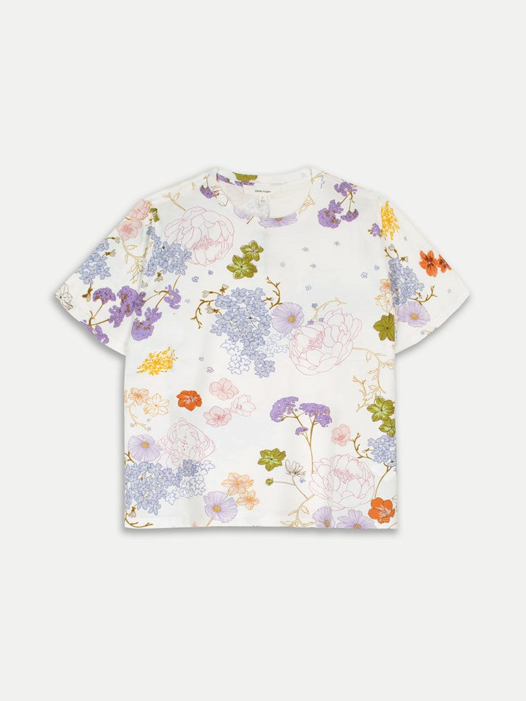 Juliette Hogan Micky T (Luxe Cotton) Blanc, featuring the Afterglow Floral print - classic crew-neck cotton T-shirt with relaxed, boxy fit.