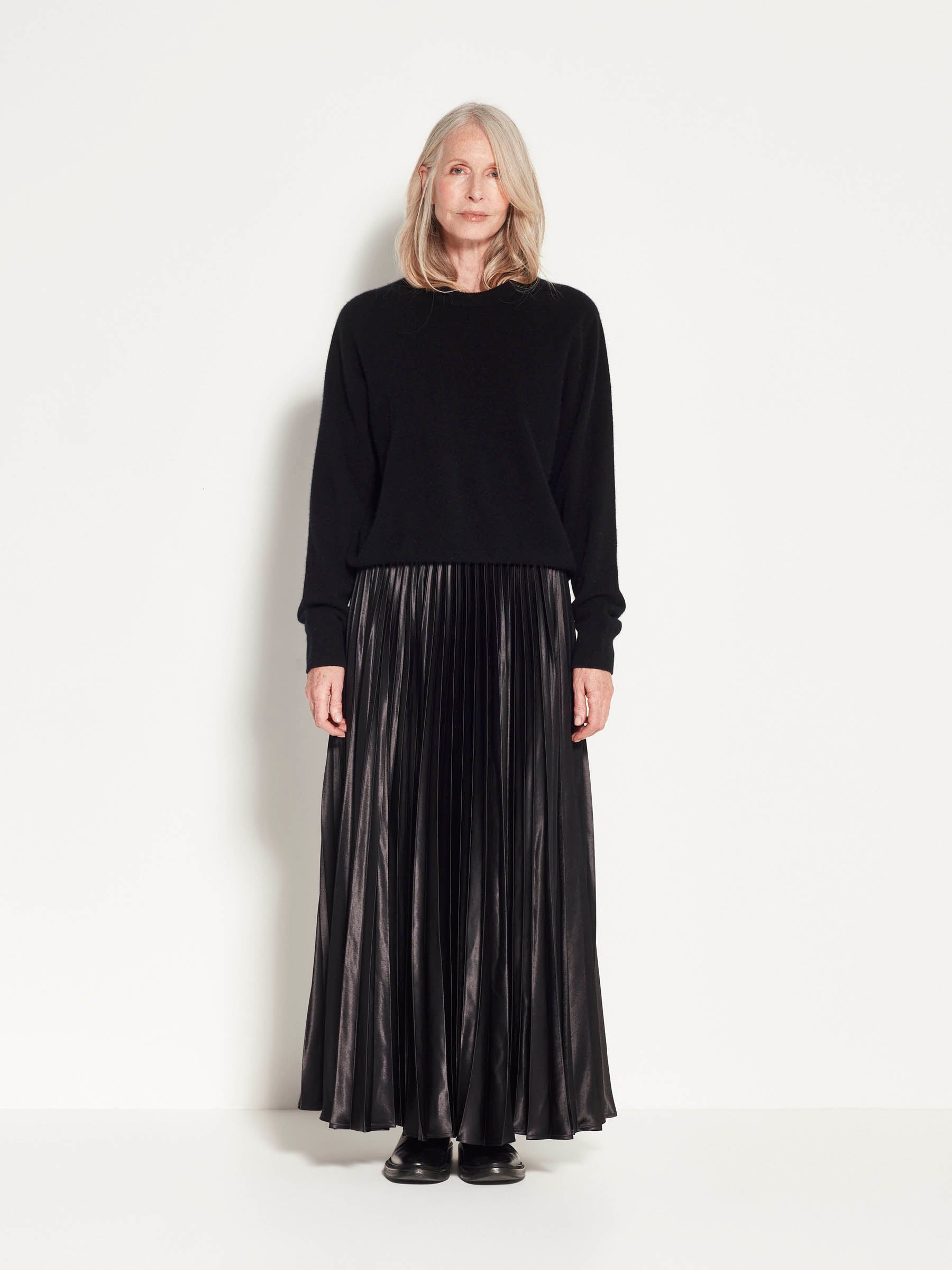 Derya Pleat Skirt Polished Satin Black Shine Juliette Hogan