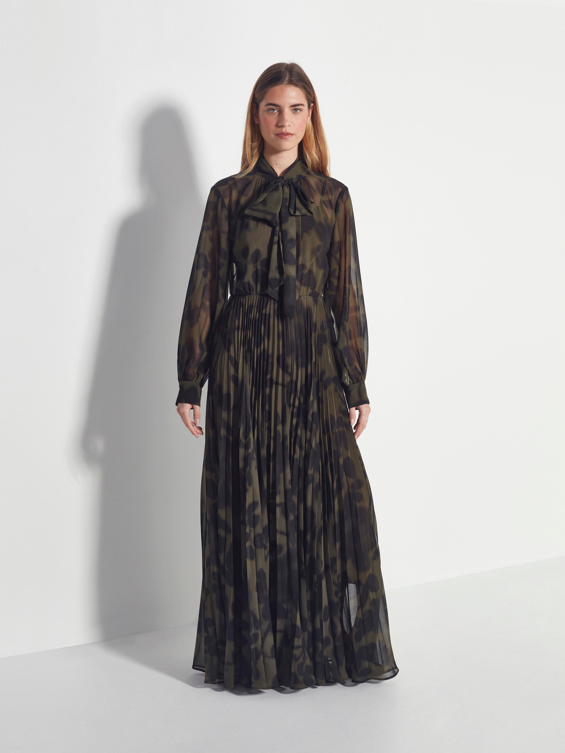 Coco Pleat Dress (Midnight Flora) Moss