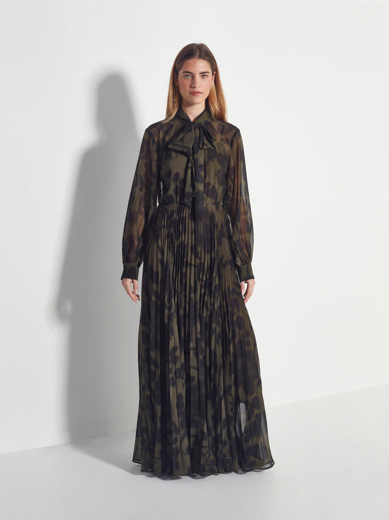 Coco Pleat Dress (Midnight Flora) Moss