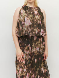 Juliette Hogan Aria Dress (Blush Petals Crush) Soft Camelia - printed maxi summer event dress featuring a blouson waist, and halter-style neckline.