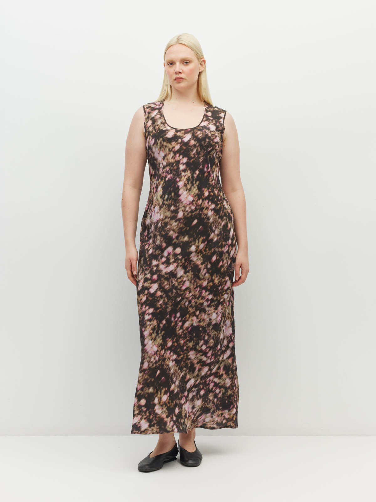 Juliette Hogan Kenna Dress (Blush Petals Silk CDC) Soft Camelia - printed sleeveless slip dress with scoop neckline, full length.