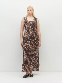Juliette Hogan Kenna Dress (Blush Petals Silk CDC) Soft Camelia - printed sleeveless slip dress with scoop neckline, full length.