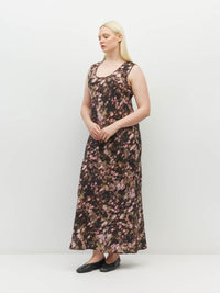 Juliette Hogan Kenna Dress (Blush Petals Silk CDC) Soft Camelia - printed sleeveless slip dress with scoop neckline, full length.