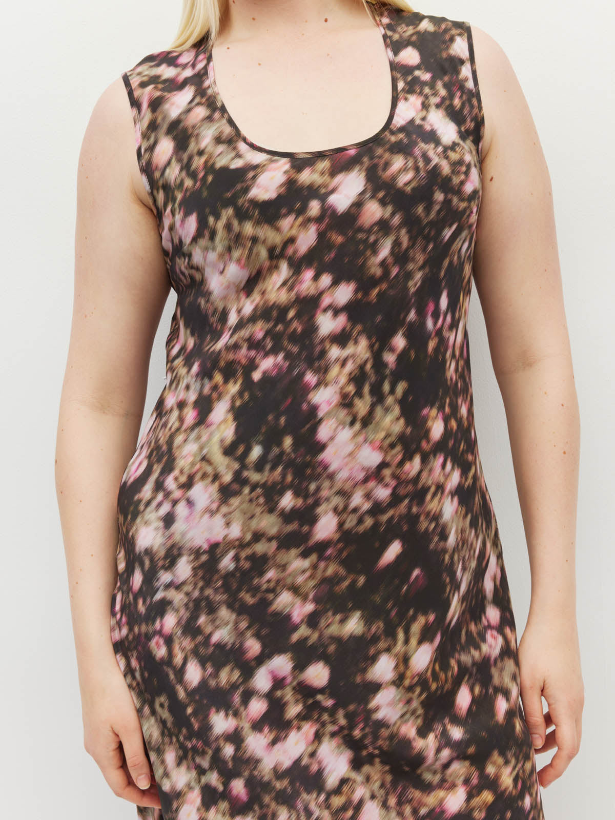 Juliette Hogan Kenna Dress (Blush Petals Silk CDC) Soft Camelia - printed sleeveless slip dress with scoop neckline, full length.
