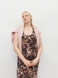Juliette Hogan Kenna Dress (Blush Petals Silk CDC) Soft Camelia - printed sleeveless slip dress with scoop neckline, full length.