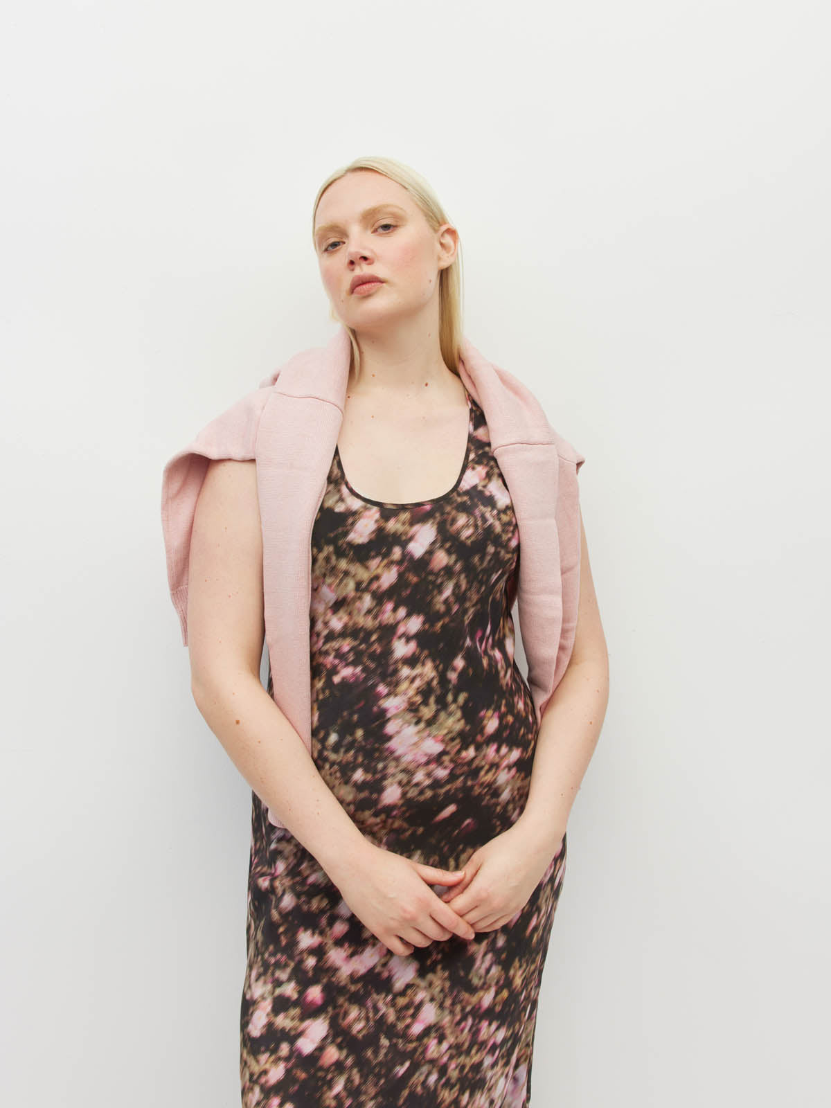 Juliette Hogan Kenna Dress (Blush Petals Silk CDC) Soft Camelia - printed sleeveless slip dress with scoop neckline, full length.
