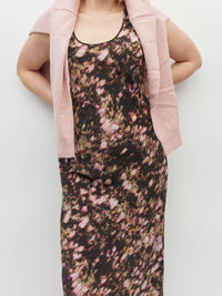 Juliette Hogan Kenna Dress (Blush Petals Silk CDC) Soft Camelia - printed sleeveless slip dress with scoop neckline, full length.