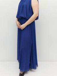 Juliette Hogan Alden Dress (Georgette Yoryu) Cobalt is an elegant event dress. A sleeveless, maxi style with soft draping.