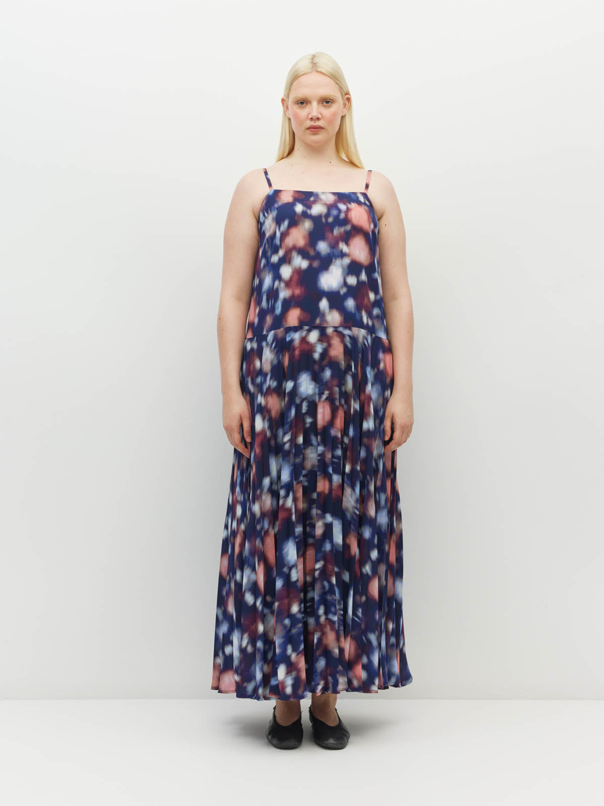 Juliette Hogan Betty Pleat Dress (Rosette Haze Crepe) Night Fall - a sleeveless printed event dress with a drop waist and dramatic pleated skirt.