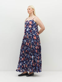 Juliette Hogan Betty Pleat Dress (Rosette Haze Crepe) Night Fall - a sleeveless printed event dress with a drop waist and dramatic pleated skirt.