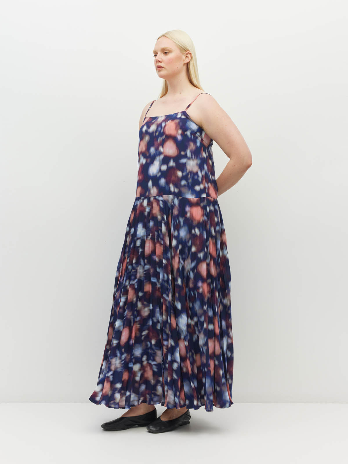 Juliette Hogan Betty Pleat Dress (Rosette Haze Crepe) Night Fall - a sleeveless printed event dress with a drop waist and dramatic pleated skirt.