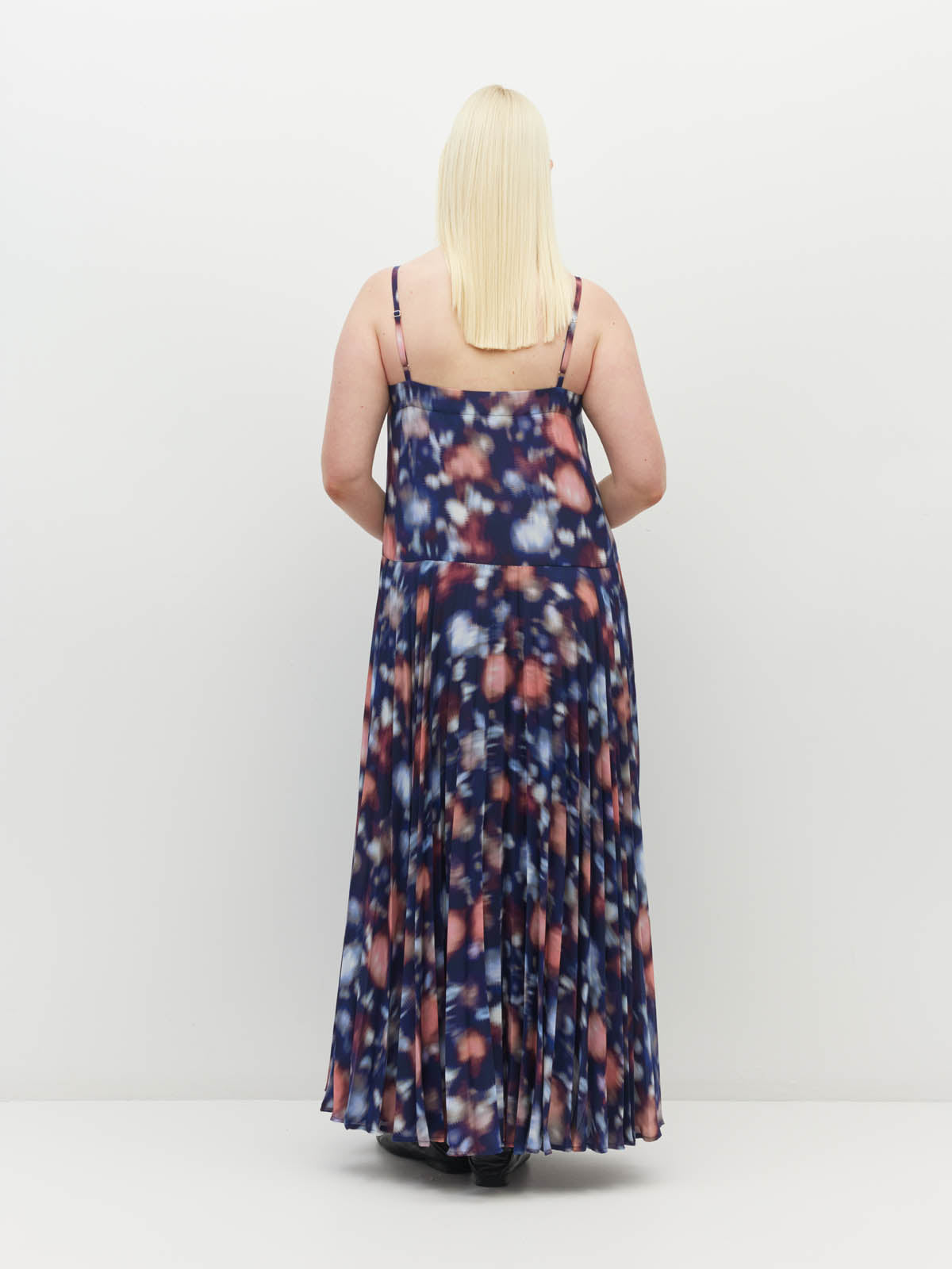 Juliette Hogan Betty Pleat Dress (Rosette Haze Crepe) Night Fall - a sleeveless printed event dress with a drop waist and dramatic pleated skirt.