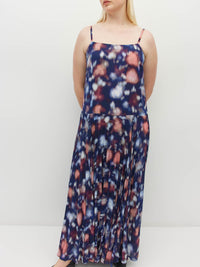 Juliette Hogan Betty Pleat Dress (Rosette Haze Crepe) Night Fall - a sleeveless printed event dress with a drop waist and dramatic pleated skirt.