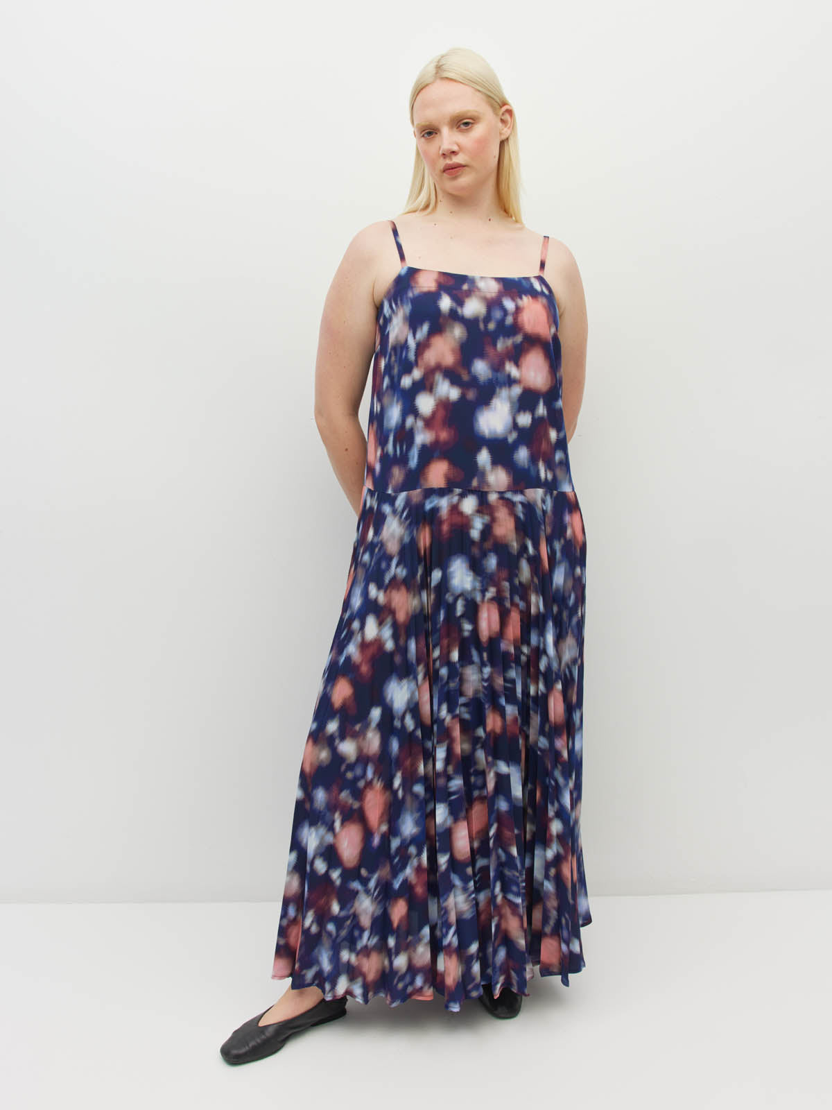 Juliette Hogan Betty Pleat Dress (Rosette Haze Crepe) Night Fall - a sleeveless printed event dress with a drop waist and dramatic pleated skirt.