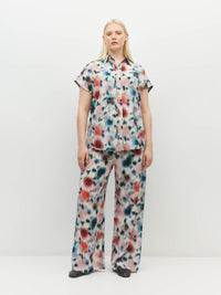 Juliette Hogan Eleanor Shirt (Rosette Haze Silk CDC) Morning Light - printed summer button-down shirt with collar and cap sleeve.