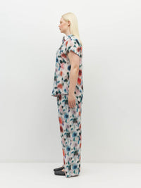 Juliette Hogan Eleanor Shirt (Rosette Haze Silk CDC) Morning Light - printed summer button-down shirt with collar and cap sleeve.