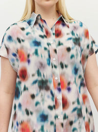 Juliette Hogan Eleanor Shirt (Rosette Haze Silk CDC) Morning Light - printed summer button-down shirt with collar and cap sleeve.