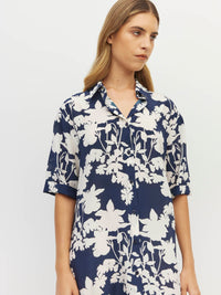 Juliette Hogan Isle Shirtdress (Shadow Floral Silk CDC) Silhouette - lightweight silk shirtdress in floral print with collar and t-shirt sleeves.