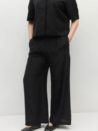 Juliette Hogan Koa Trouser (Silk CDC) Black - simple straight wide leg silk pants with elasticated waist and pockets.