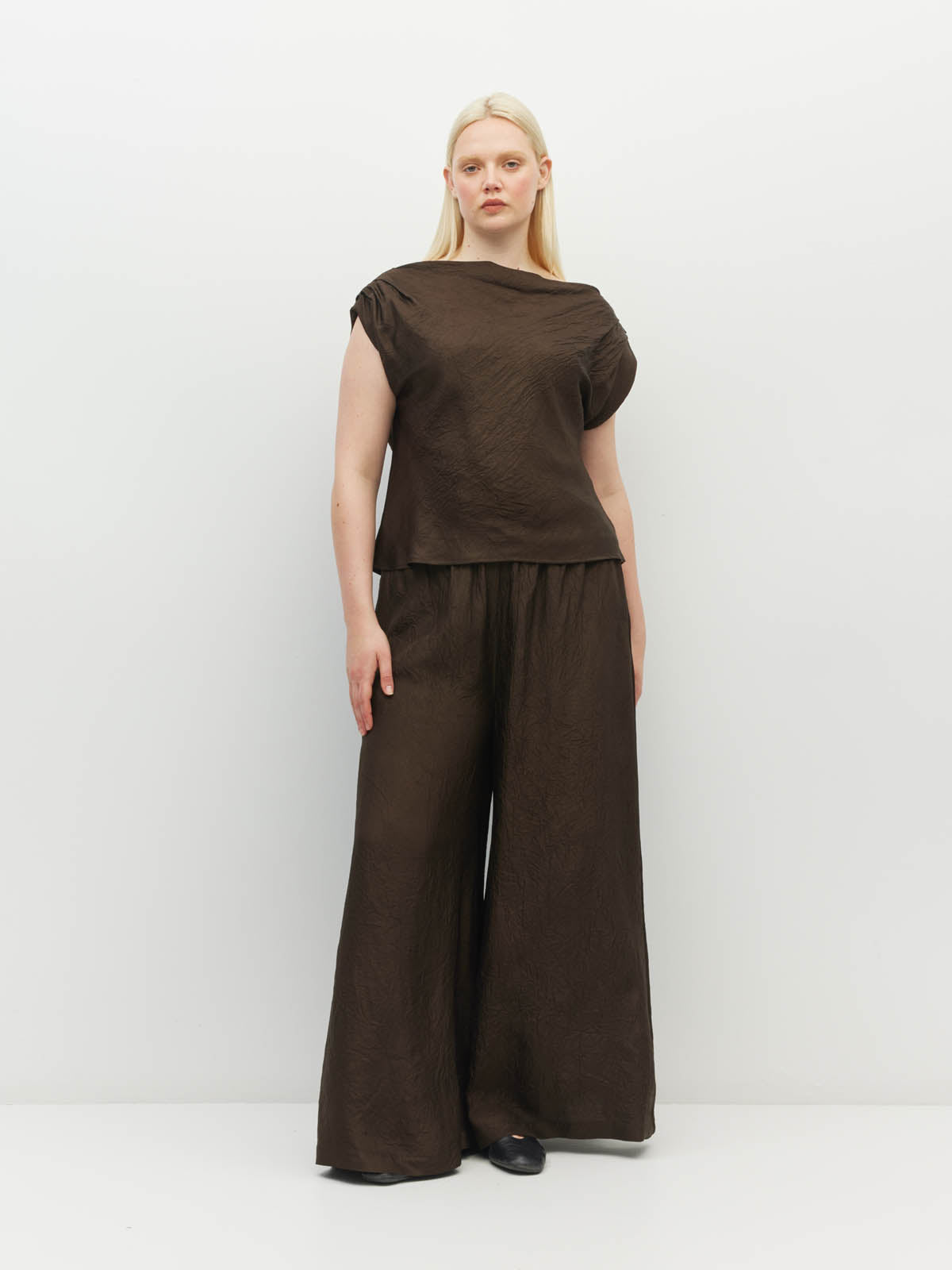 Juliette Hogan Monaco Top (Soft Matte Satin) Chocolate Crush - sleeveless top with asymmetric neckline and pleated shoulders in a textured satin.