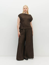 Juliette Hogan Monaco Top (Soft Matte Satin) Chocolate Crush - sleeveless top with asymmetric neckline and pleated shoulders in a textured satin.