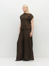 Juliette Hogan Monaco Top (Soft Matte Satin) Chocolate Crush - sleeveless top with asymmetric neckline and pleated shoulders in a textured satin.