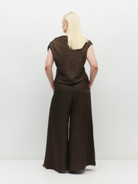 Juliette Hogan Monaco Top (Soft Matte Satin) Chocolate Crush - sleeveless top with asymmetric neckline and pleated shoulders in a textured satin.