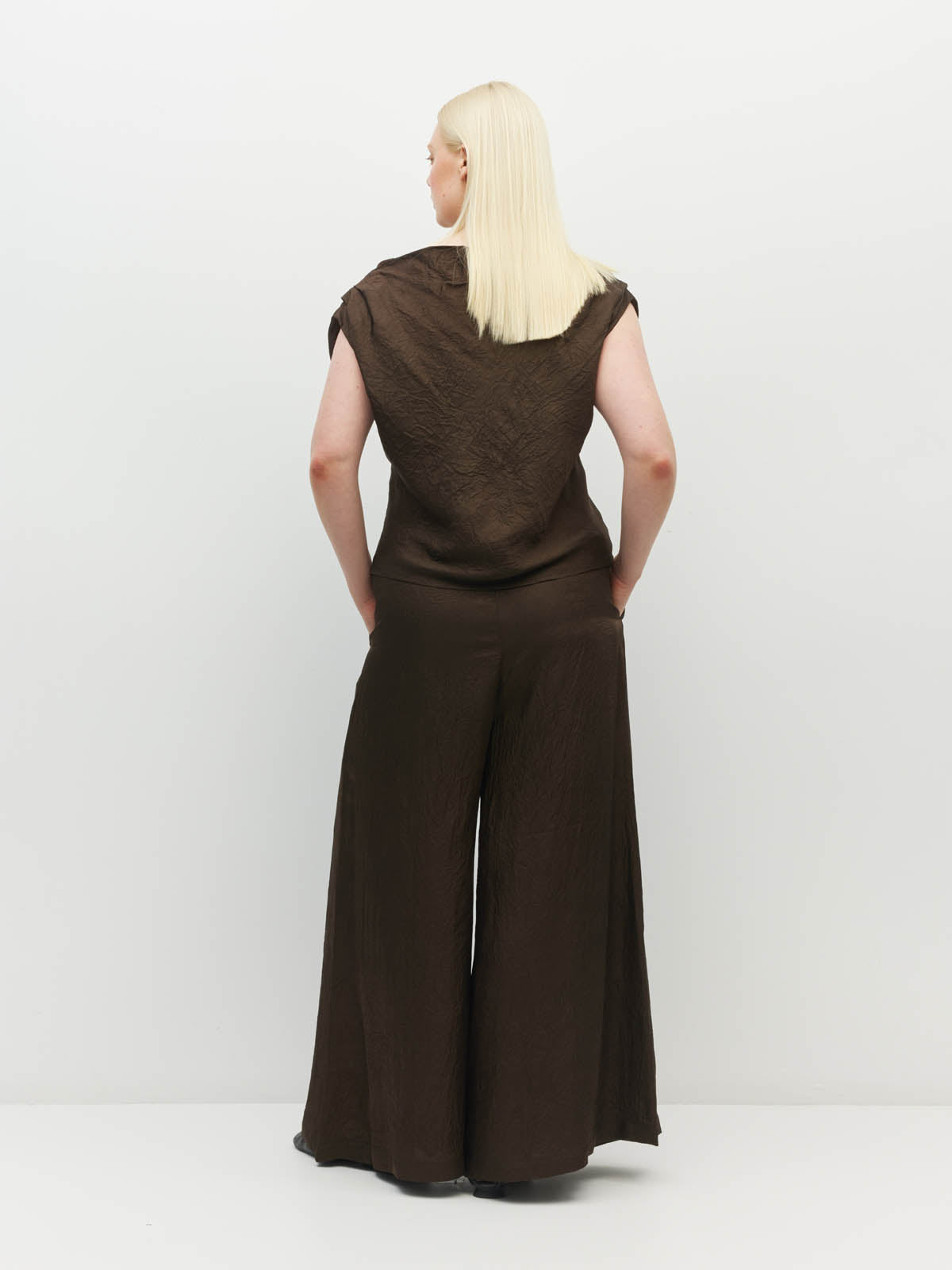 Juliette Hogan Monaco Top (Soft Matte Satin) Chocolate Crush - sleeveless top with asymmetric neckline and pleated shoulders in a textured satin.