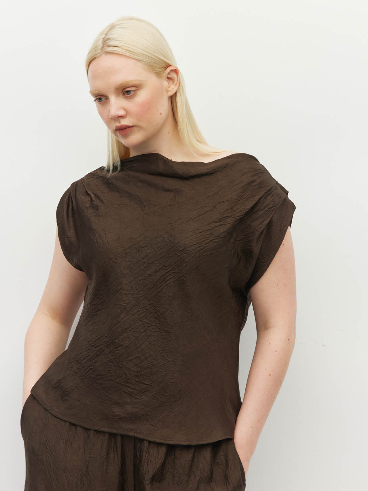 Juliette Hogan Monaco Top (Soft Matte Satin) Chocolate Crush - sleeveless top with asymmetric neckline and pleated shoulders in a textured satin.