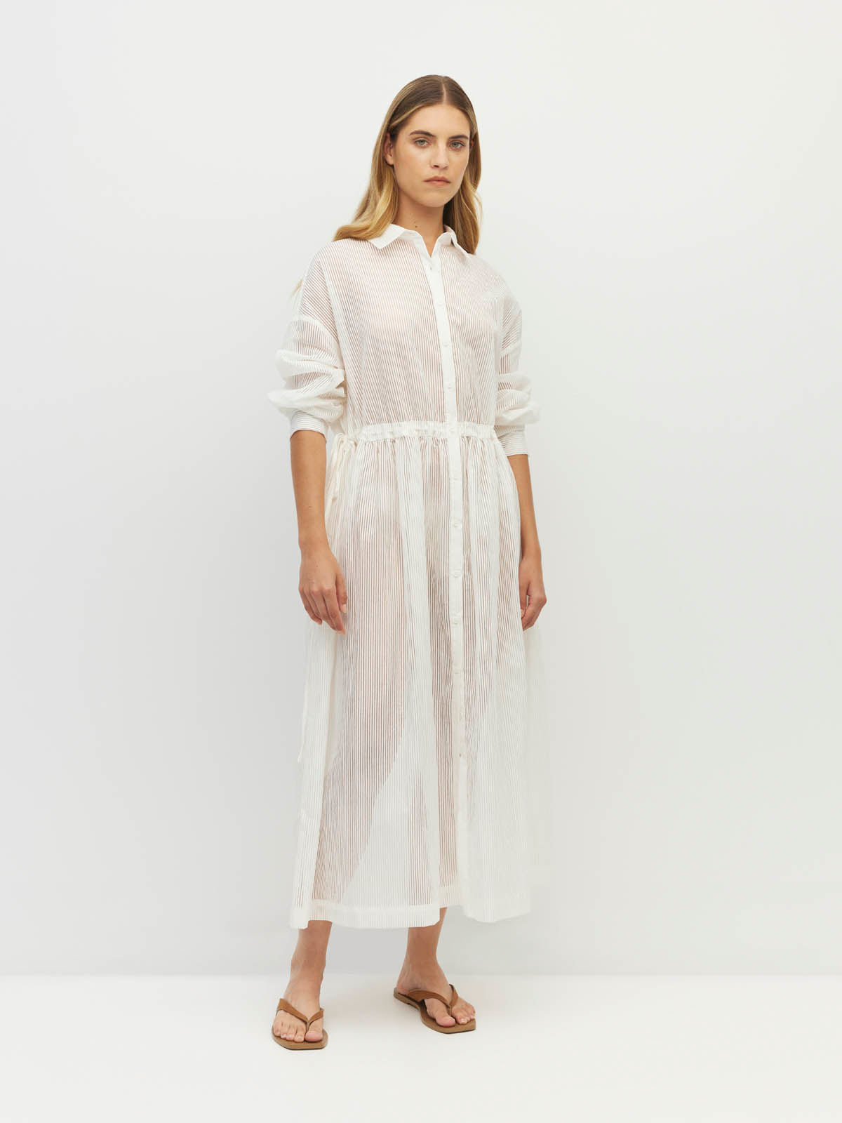 Lenora Dress (Sheer Stripe) White