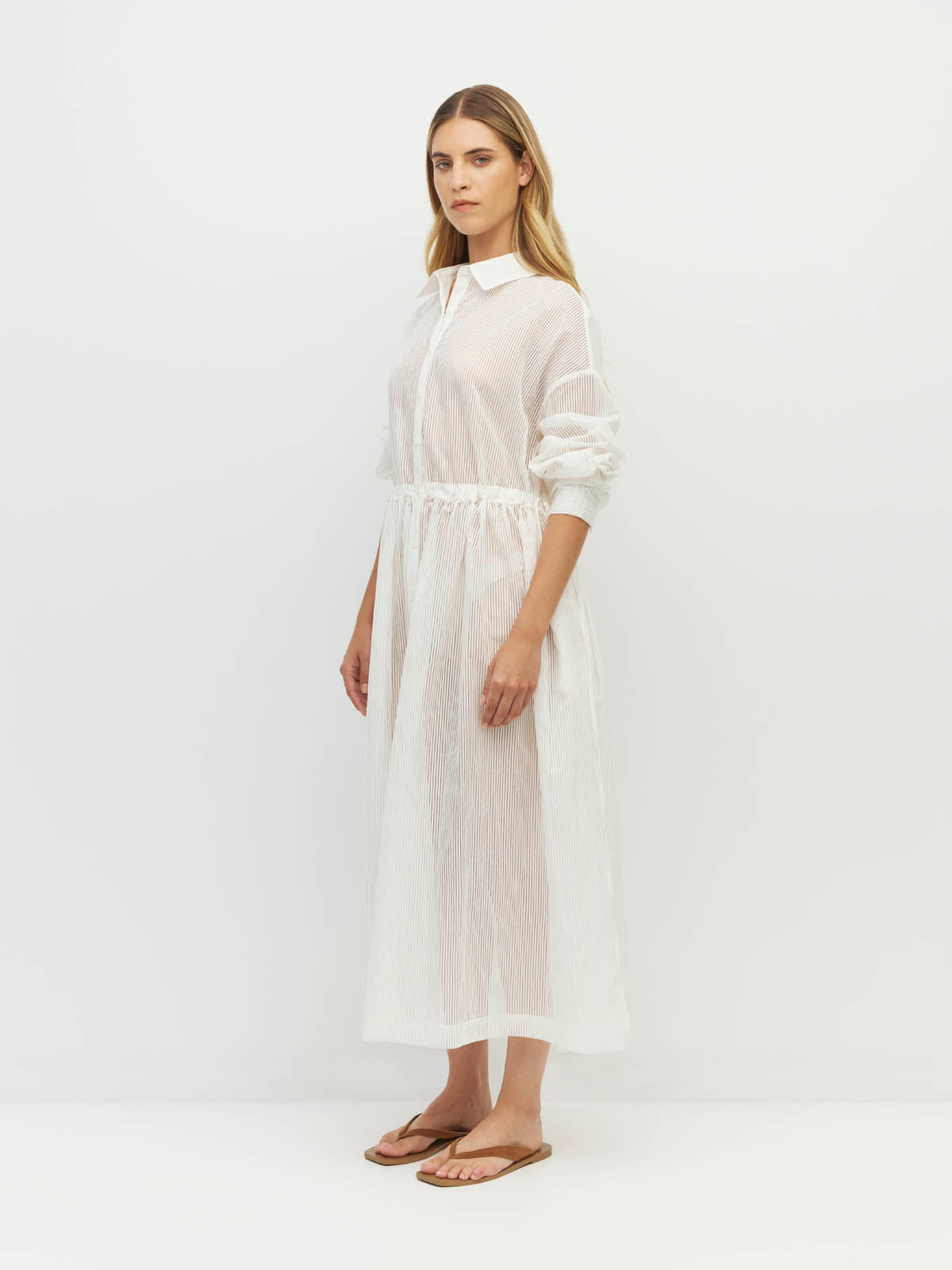 Lenora Dress (Sheer Stripe) White