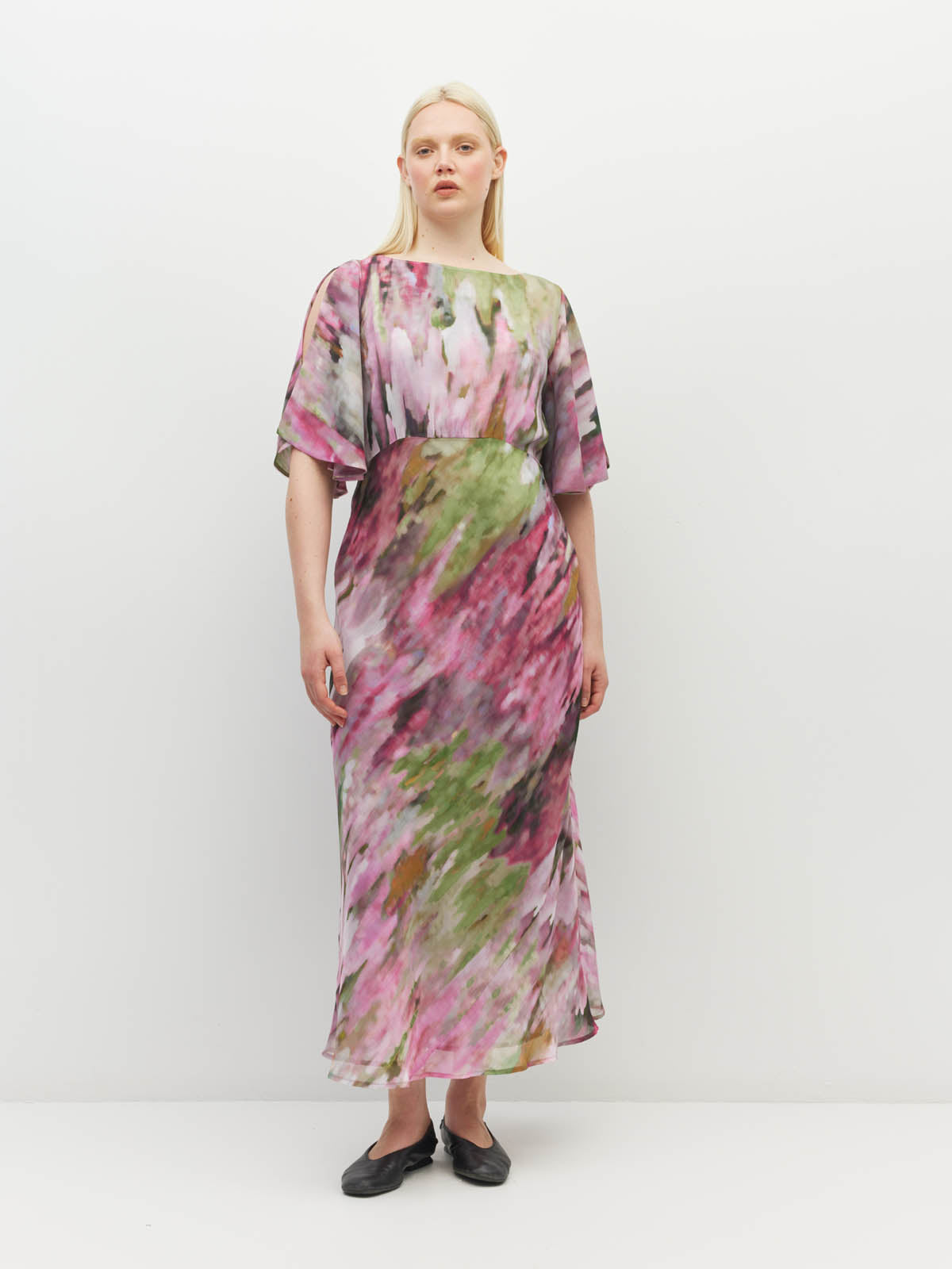 Juliette Hogan Dahlia Dress (Summer Daze Crush) Rose Ripple - summer event-ready printed style with waterfall sleeve, under-bust gather, and bias-cut skirt.