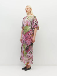 Juliette Hogan Dahlia Dress (Summer Daze Crush) Rose Ripple - summer event-ready printed style with waterfall sleeve, under-bust gather, and bias-cut skirt.