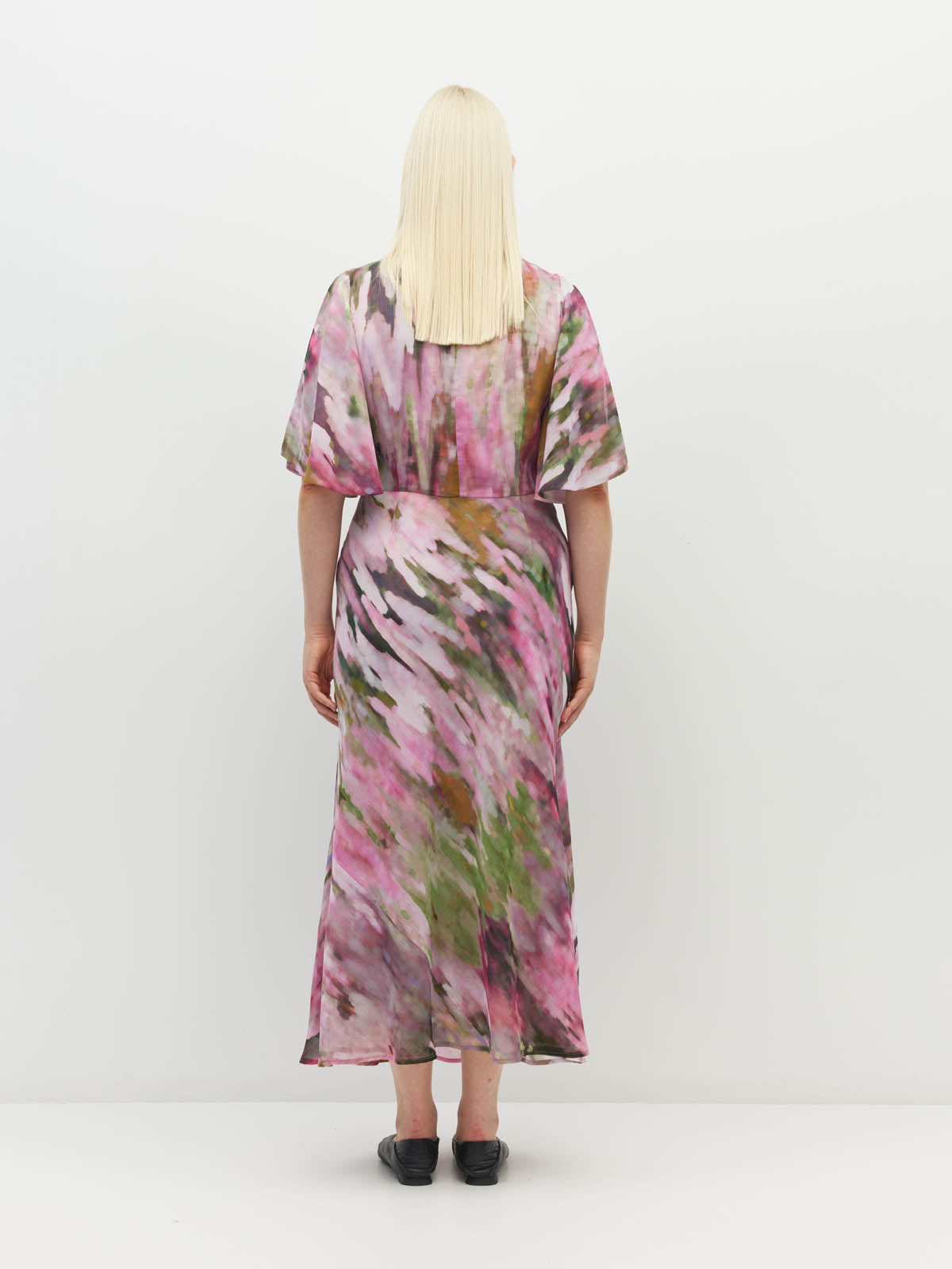 Juliette Hogan Dahlia Dress (Summer Daze Crush) Rose Ripple - summer event-ready printed style with waterfall sleeve, under-bust gather, and bias-cut skirt.