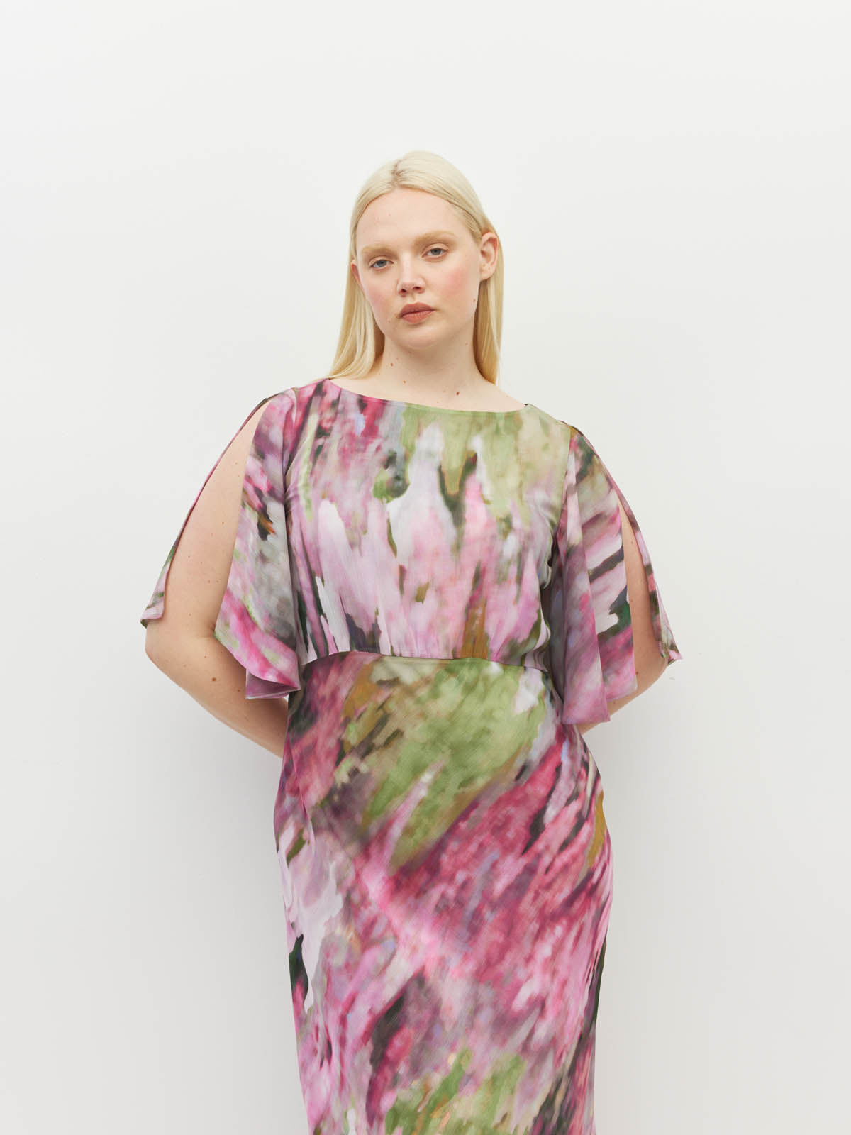 Juliette Hogan Dahlia Dress (Summer Daze Crush) Rose Ripple - summer event-ready printed style with waterfall sleeve, under-bust gather, and bias-cut skirt.