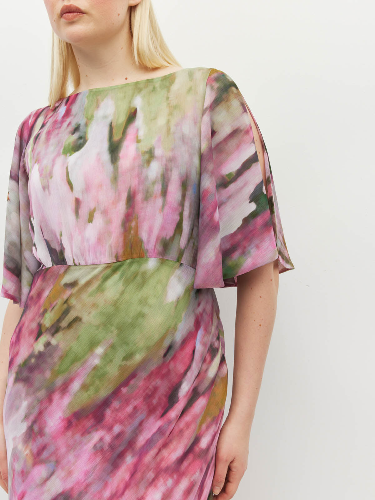 Juliette Hogan Dahlia Dress (Summer Daze Crush) Rose Ripple - summer event-ready printed style with waterfall sleeve, under-bust gather, and bias-cut skirt.