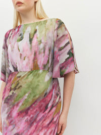 Juliette Hogan Dahlia Dress (Summer Daze Crush) Rose Ripple - summer event-ready printed style with waterfall sleeve, under-bust gather, and bias-cut skirt.