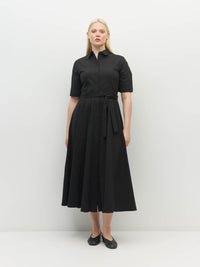 Juliette Hogan Delphi Dress (Thread Line Cotton) Black Linear - cotton shirtdress with tailored waist, collar, t-shirt sleeves, and button-down front.