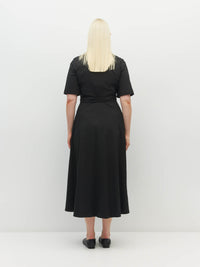 Juliette Hogan Delphi Dress (Thread Line Cotton) Black Linear - cotton shirtdress with tailored waist, collar, t-shirt sleeves, and button-down front.