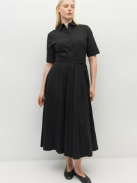 Juliette Hogan Delphi Dress (Thread Line Cotton) Black Linear - cotton shirtdress with tailored waist, collar, t-shirt sleeves, and button-down front.