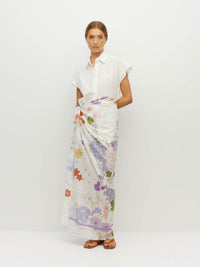 Juliette Hogan Border Sarong (Afterglow Floral Cotton) Blanc - lightweight cotton beach cover-up and sarong, 132cm x 141cm.