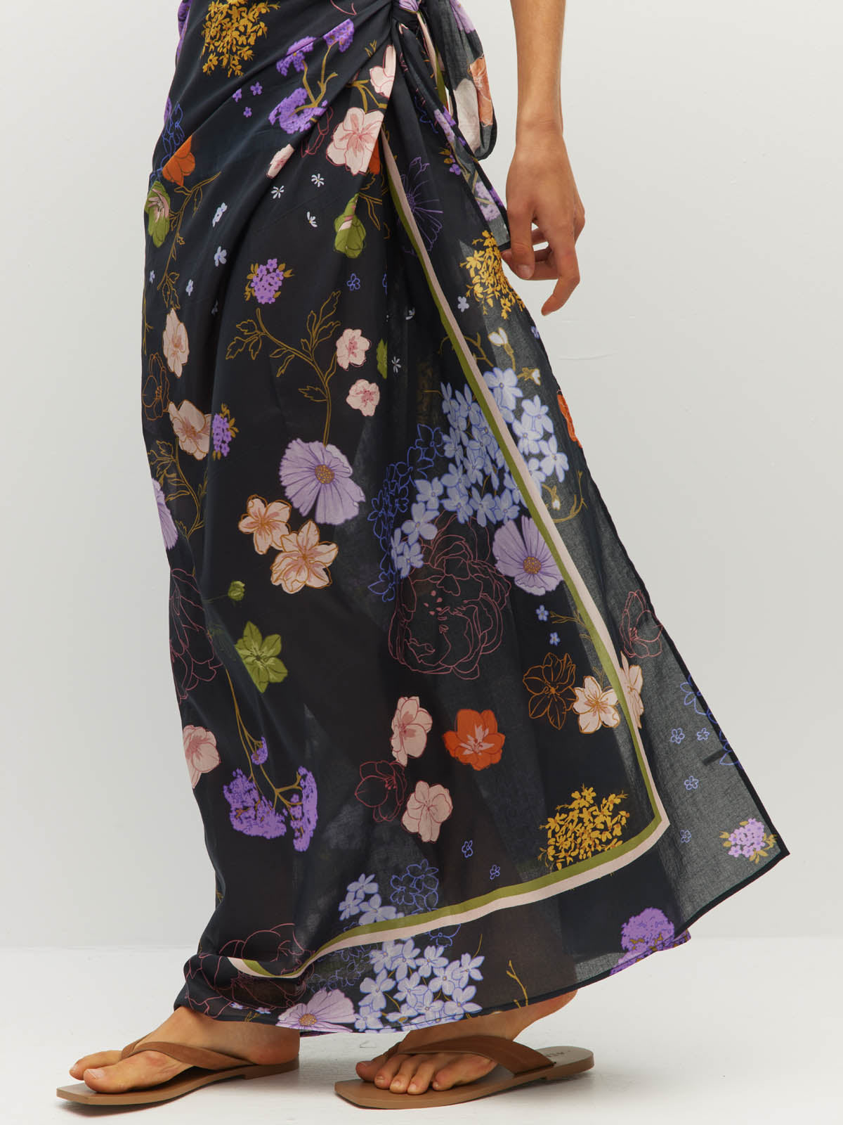 Juliette Hogan Border Sarong (Afterglow Floral Cotton) Noir - lightweight cotton beach cover-up and sarong, 132cm x 141cm.