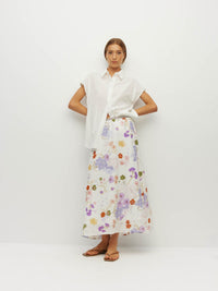 Juliette Hogan Em Skirt (Afterglow Floral Cotton) Blanc - bias-cut printed cotton skirt with elastic waistband, fully lined.