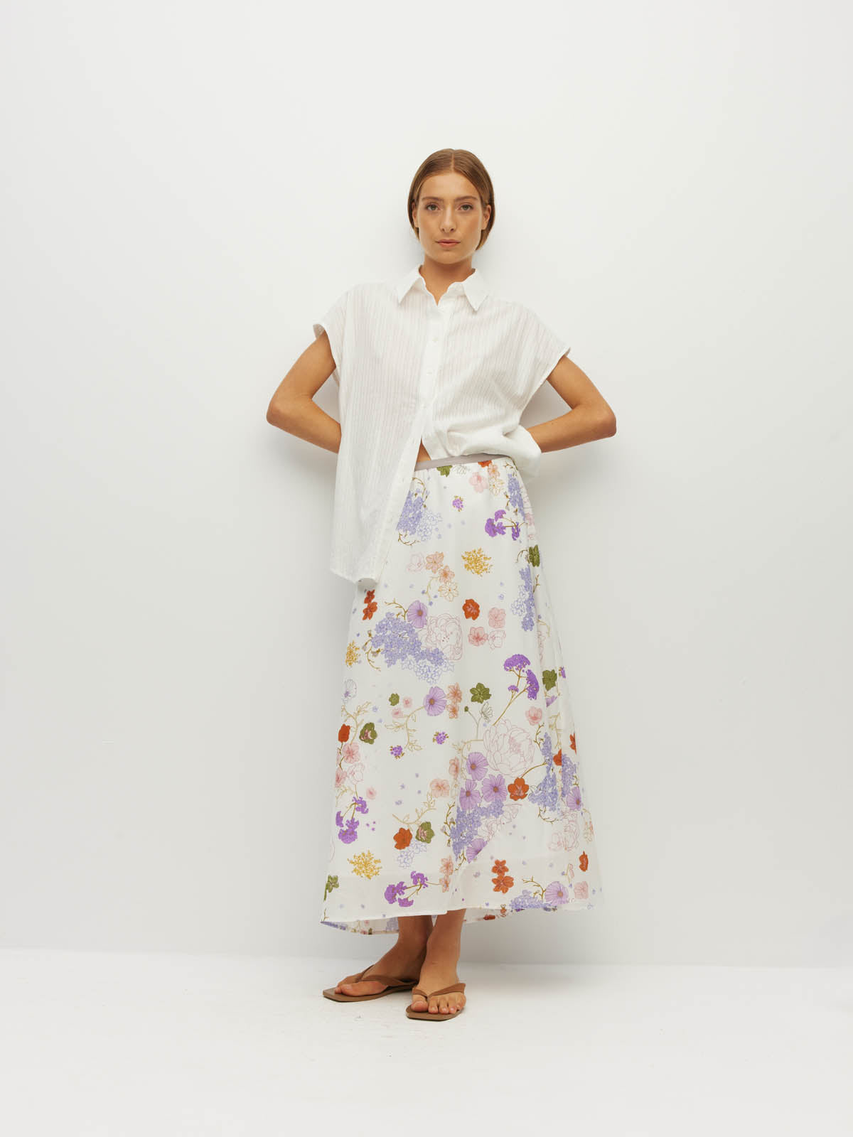 Juliette Hogan Em Skirt (Afterglow Floral Cotton) Blanc - bias-cut printed cotton skirt with elastic waistband, fully lined.