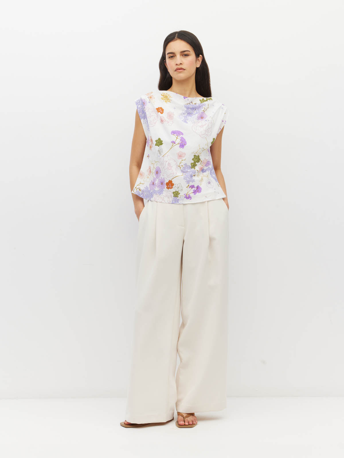 Juliette Hogan Monaco Top (Afterglow Floral Cotton) Blanc - draped, bias-cut cotton top with asymmetric off-shoulder neckline.