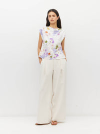 Juliette Hogan Monaco Top (Afterglow Floral Cotton) Blanc - draped, bias-cut cotton top with asymmetric off-shoulder neckline.