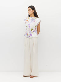 Juliette Hogan Monaco Top (Afterglow Floral Cotton) Blanc - draped, bias-cut cotton top with asymmetric off-shoulder neckline.