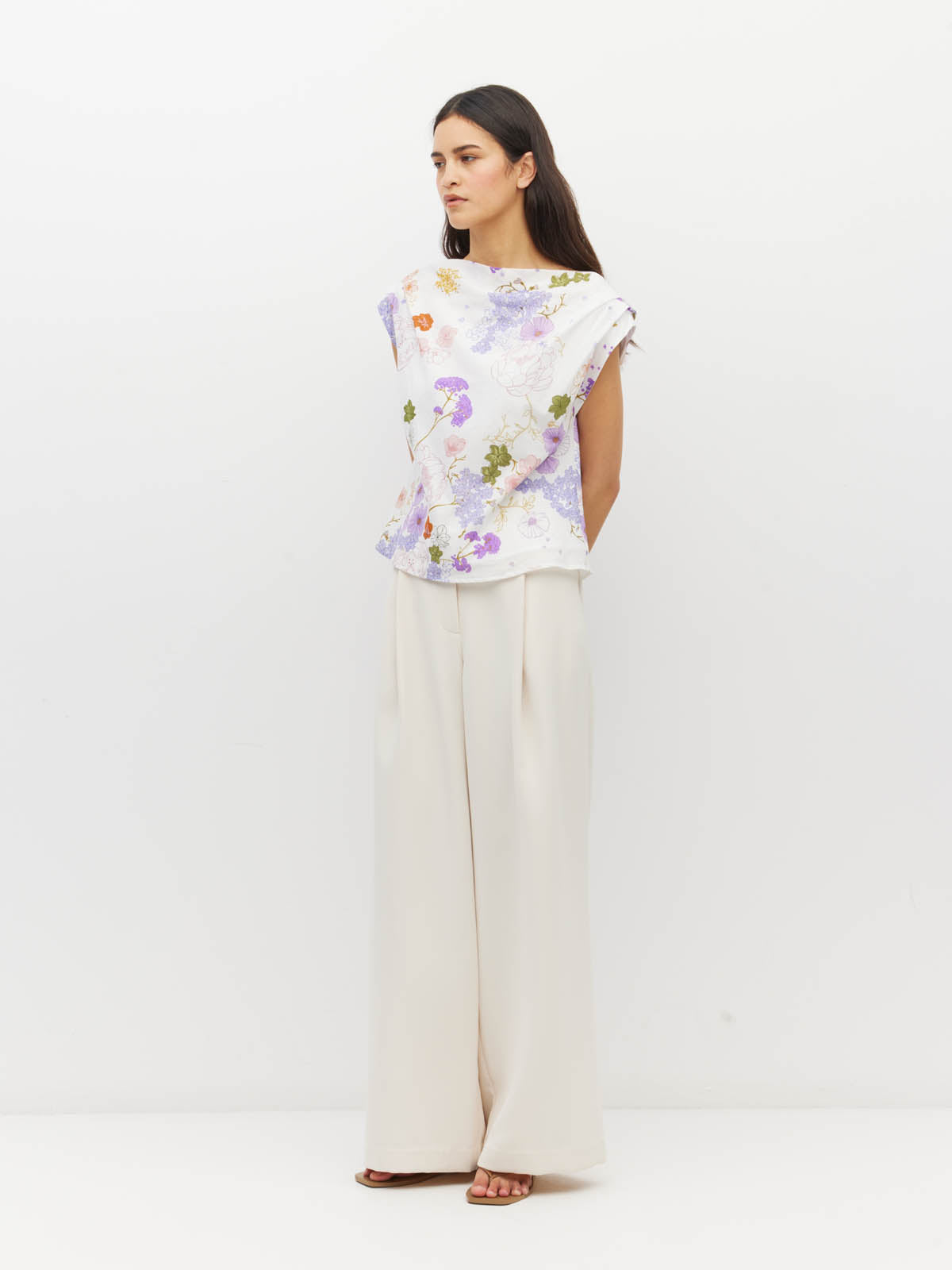 Juliette Hogan Monaco Top (Afterglow Floral Cotton) Blanc - draped, bias-cut cotton top with asymmetric off-shoulder neckline.