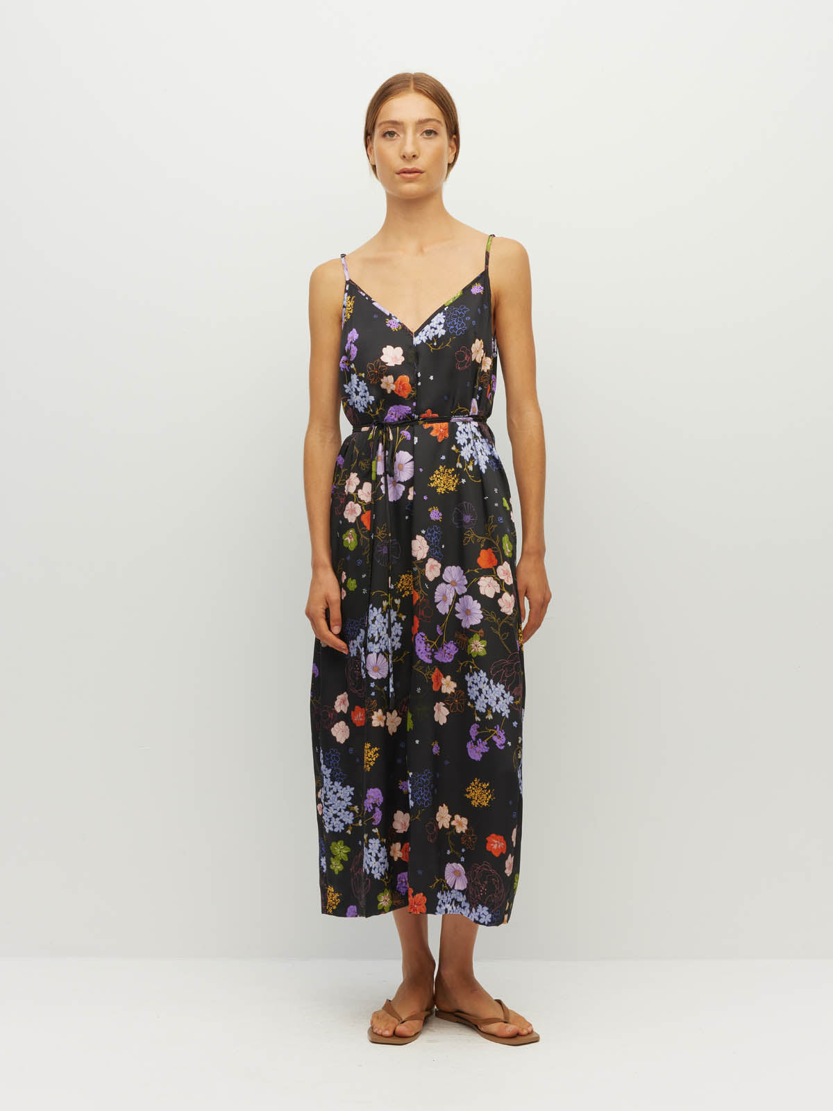 Juliette Hogan Always Slip (Afterglow Floral Twill) Noir - printed summer slip dress with V-neckline, adjustable straps, waist tie, and side pockets.